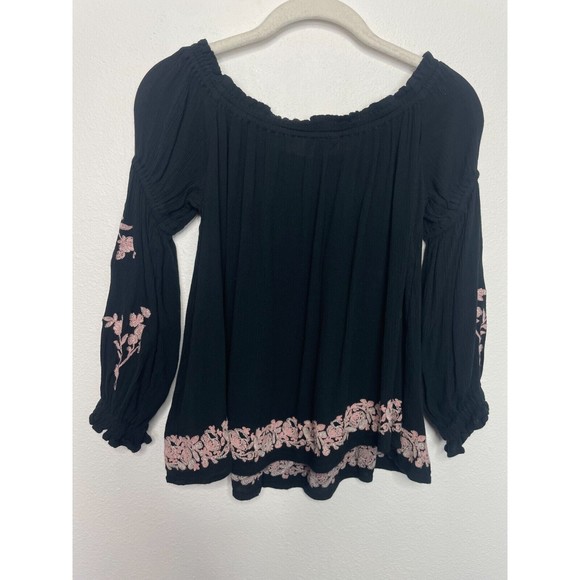American Eagle Outfitters Sz S Off The Shoulders Blouse Black Floral Embroidered - Picture 10 of 12